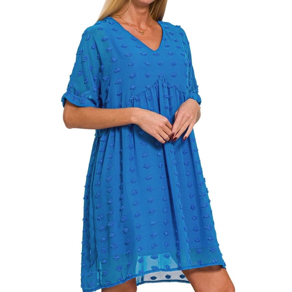 Zenana Ocean Blue Swiss Dot Babydoll Dress V-Neck Mini Size Small NWOT